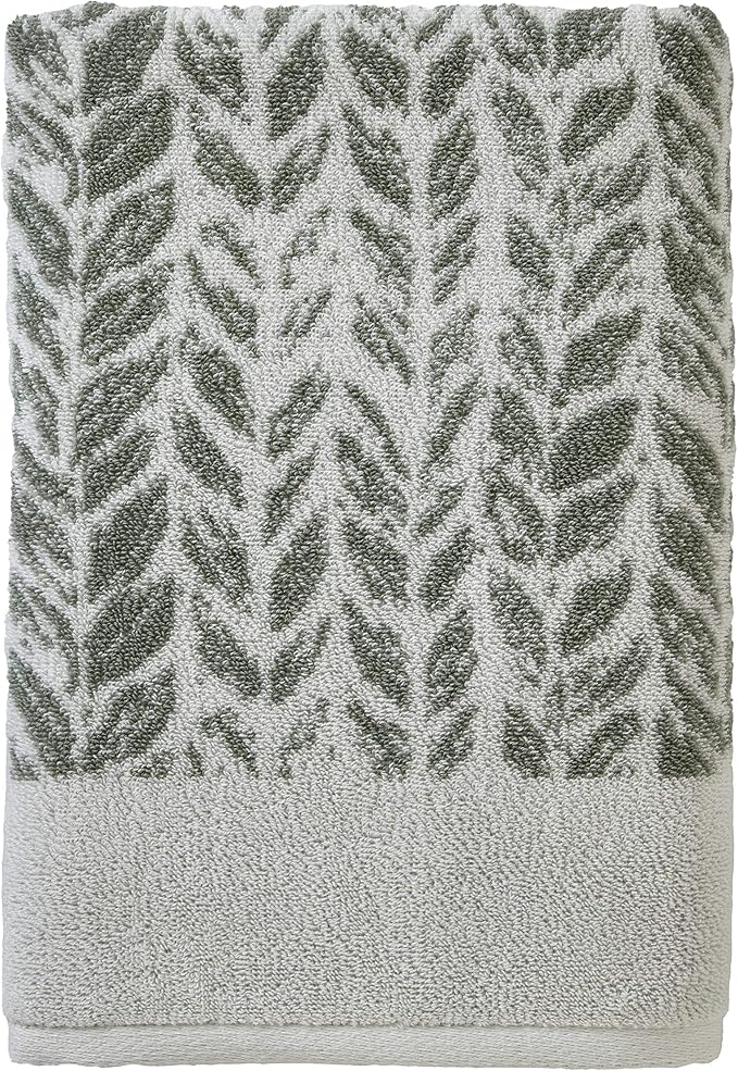 SKL Home Distressed Leaves Bath Towel, 100% Turkish Cotton, Sage | 600 GSM weight. Spa-level quality. Soft, & absorbent, reversible jacquard.