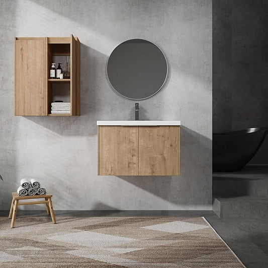 Henf 30" Floating Bathroom Vanity with Sink for Compact Space, Brown Wall Mount Bathroom Vanity Cabinet with Sink Combo, 30 Inch Bathroom Vanities Set with 2 Floating Cabinet