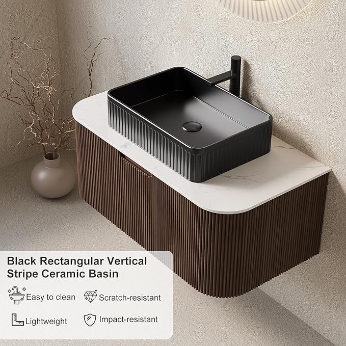 30 inch Floating Bathroom Vanity with Sink, Natural Solid Wood Modern Bathroom Vanities with Ultra-Thin Ceramic Basin and Marble Top, Soft-Close Drawer, Pre-Assembled, Walnut with Black