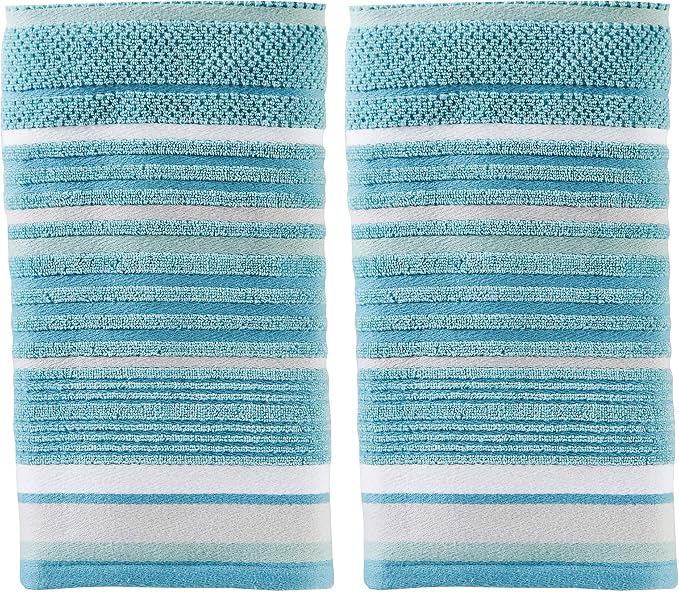 SKL Home Seabrook Stripe Hand Towel Set-2pc, Premium 100% Cotton, Teal | 550 GSM weight. Spa-level quality. Soft & absorbent textured jacquard. For the bathroom, kitchen, bar or any sink space.