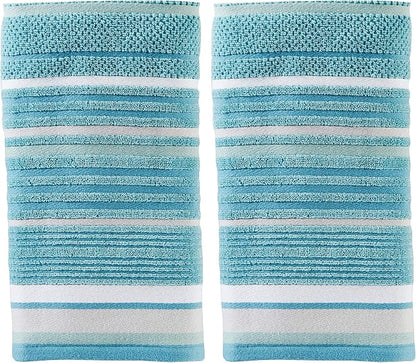 SKL Home Seabrook Stripe Hand Towel Set-2pc, Premium 100% Cotton, Teal | 550 GSM weight. Spa-level quality. Soft & absorbent textured jacquard. For the bathroom, kitchen, bar or any sink space.