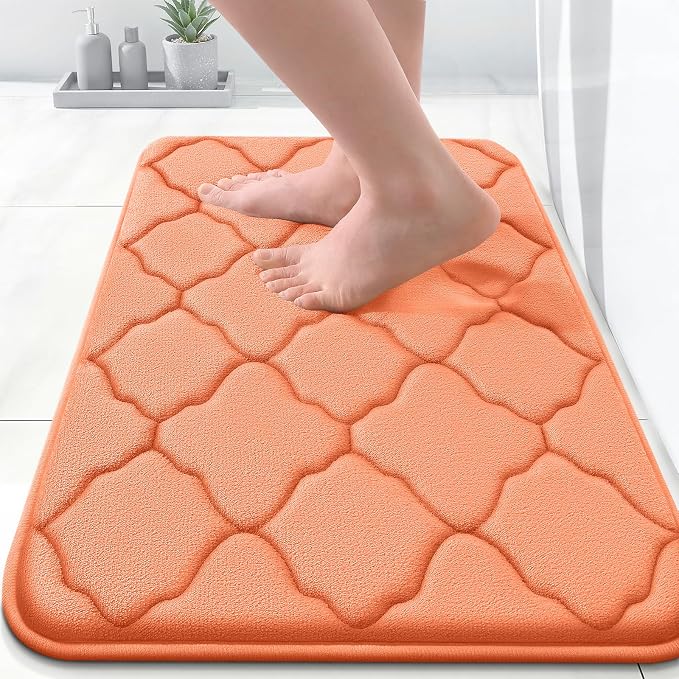 OLANLY Memory Foam Bath Mat Rug 24x16, Ultra Soft and Absorbent Bathroom Rugs, Non-Slip, Comfortable, Machine Washable Bath Carpet for Bathroom Floor, Tub, Shower and Home Decor Accessories, Peach