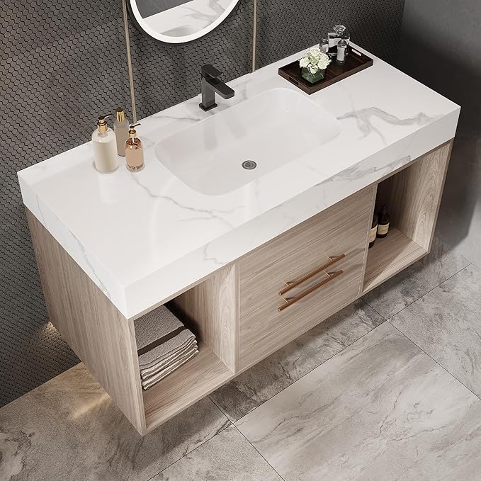 40" Bathroom Vanity with Sink Set, Modern Oak Wall Mounted Bathroom Vanity Cabinet with Sintered Stone Top&Gold Handle 2 Drawers&2 Open Storage, Single Sink Floating Bathroom Vanity