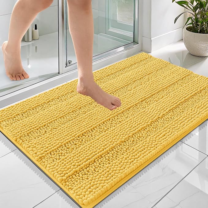 OLANLY Thick Bathroom Rugs 36x24, Soft Chenille Striped Bath Rugs, Yellow | Rubber Backing, Machine Wash, Extra Absorbent Bath Mats for Bathroom Floor, Tub and Shower, Home Decor Accessories
