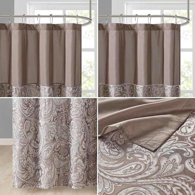Madison Park Aubrey Shower Curtain for Bathroom, 72 x 72, Blue/Brown | Microfiber, Adds Privacy, Machine Washable, Striped Pattern, Jacquard, OEKO-TEX Certified