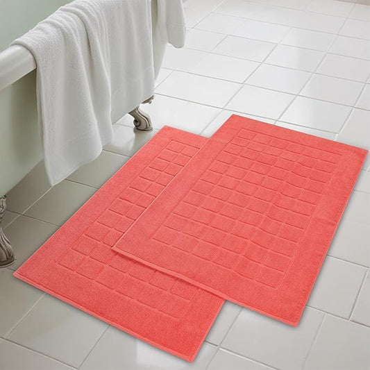 Superior 100% Cotton Bathmat Set, Bath Mats, Bathroom Decor, Shower, Bathtub Essentials, Home Accessories, Small Washable Rug, No Backing, Heavyweight, Nora Collection, Set of 2, 22" x 35", Coral
