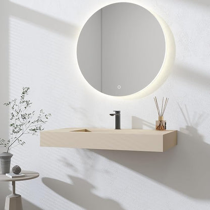 SJ STAR&JANE 35" x 19" in Solid Surface Bathroom Sink, Wall-Mount or Countertop Vessel Sink, Rectangle Floating Vanity Sink in Milk-Coffee, Pre-installed Faucet Holes, Durable Modern Design