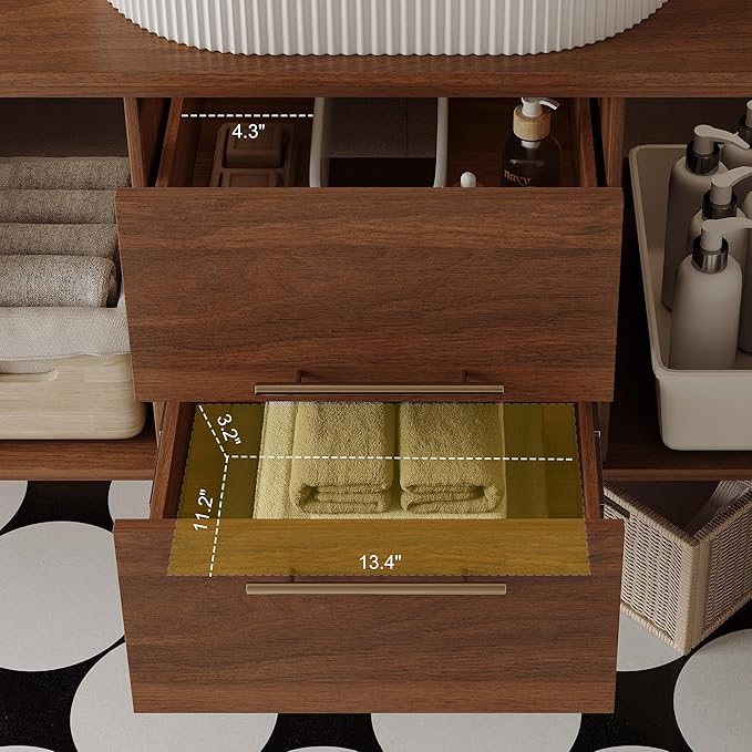 40" Bathroom Vanity with Sink Set, Modern Wall Mounted Bathroom Vanity Cabinet with Above Oval Ceramic Sink,Gold Handle 2 Drawers&2 Open Storage, Single Sink Floating Bathroom Vanity, Walnut