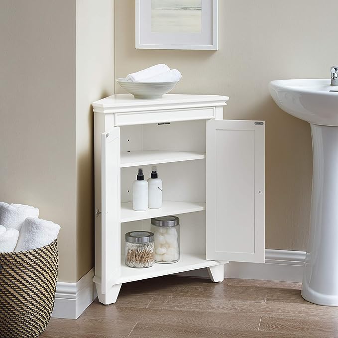 Crosley Furniture Lydia Corner Storage Cabinet and Bathroom Organizer with Shelves, White