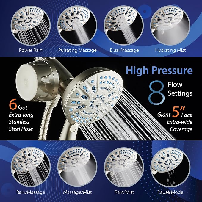 AquaCare Magneton 8-Mode High Pressure Handheld Shower Head w/Water Filter | Filters Chlorine & Toxins for Healthy Hair & Skin. Spaca-age Magnetic Docking, Hygienic Jets, Long 6 ft. Metal Hose / Nickel
