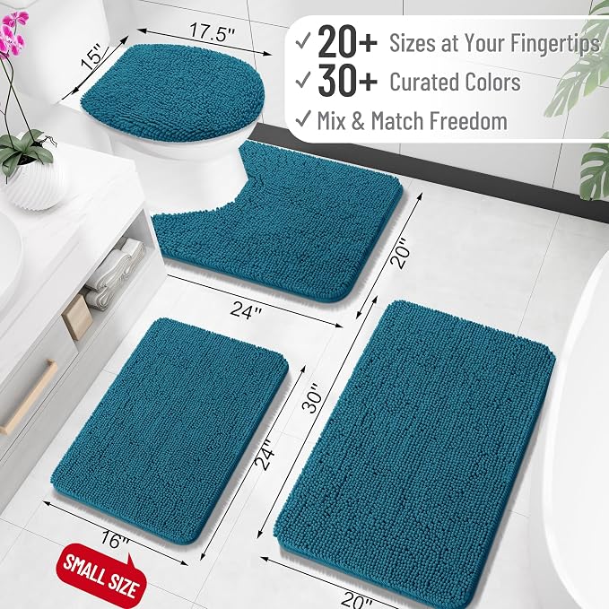 OLANLY Small Bathroom Rugs 24x16, Extra Soft Absorbent Chenille Bath Rugs | Peacock Blue, Quick-Drying Rubber Backing, Washable Bath Mat for Bathroom Floor, Tub and Shower, Home Decor Accessories