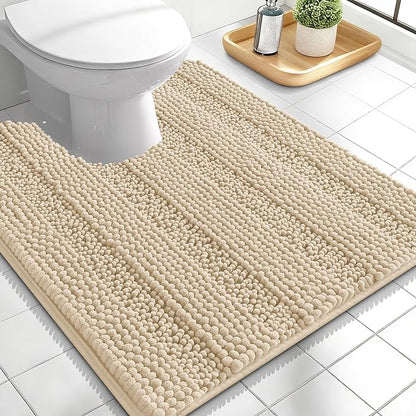 OLANLY Thick Toilet Rugs U-Shaped 24x20, Soft Chenille Bath Mat, Beige | Extra Absorbent Striped Contour Bathroom Rugs for Toilet, Dry Quickly, Machine Washable, Non-Slip