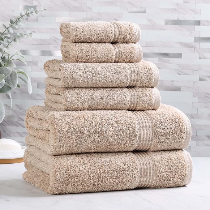 Superior Egyptian Cotton 6-Piece Towel Set, Bathroom Essentials, Towels For Bathroom, Apartment, Airbnb, Guest Bath, Face, Hand, Bath Towels, Washcloths, Absorbent, Fast Drying, Taupe