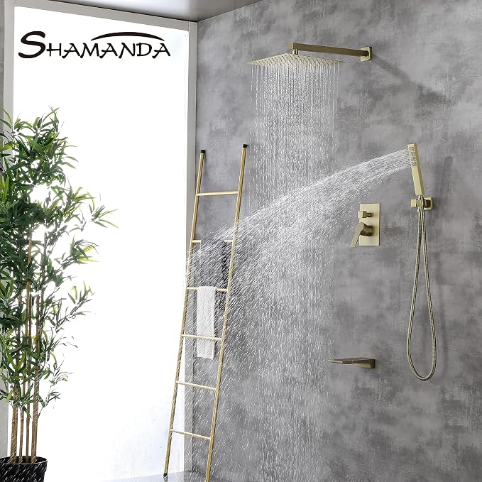 SHAMANDA Shower System with Waterfall Tub Spout and Handheld Shower Head, 12" Rain Shower Faucet Sets Complete with Shower Round-in Valve and Trim Wall Mount, Brushed Gold, L101-3
