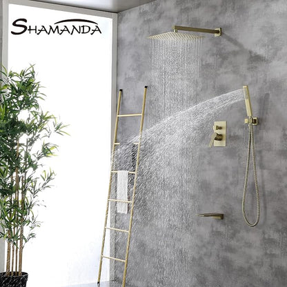 SHAMANDA Shower System with Waterfall Tub Spout and Handheld Shower Head, 12" Rain Shower Faucet Sets Complete with Shower Round-in Valve and Trim Wall Mount, Brushed Gold, L101-3