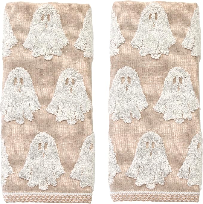 SKL Home Halloween Ghost Hand Towel Set-2pc, 100% Cotton Jacquard, Tan | Plush, absorbent & reversible. Great for use in the bathroom, kitchen, or bar & gifting.