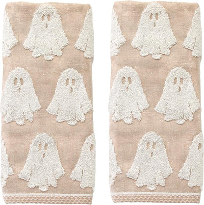 SKL Home Halloween Ghost Hand Towel Set-2pc, 100% Cotton Jacquard, Tan | Plush, absorbent & reversible. Great for use in the bathroom, kitchen, or bar & gifting.