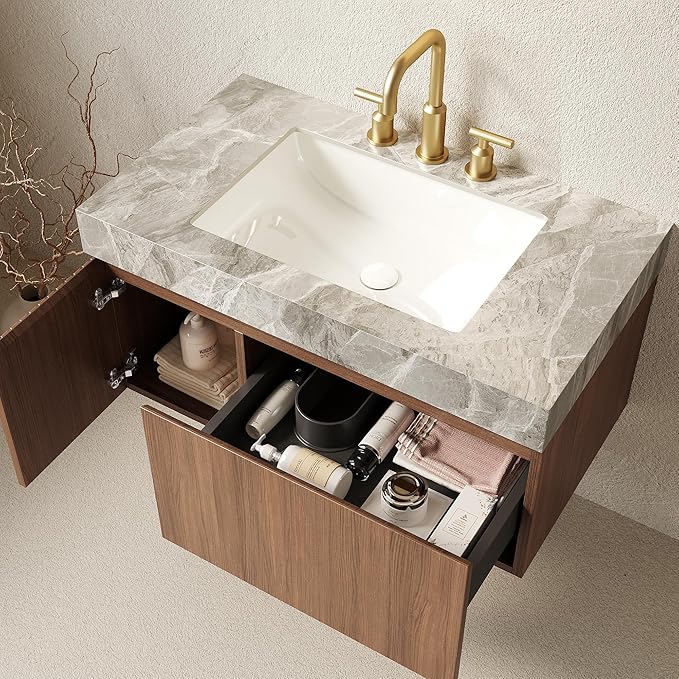 KEIKI 36 Inch Floating Bathroom Vanity with Sink, Modern Wall Mounted Storage Cabinet with Drawer, Pre-Assembled Waterproof Wood Panels, Sintered Stone Top & Ceramic Basin Combo Set, Brown Oak & Grey
