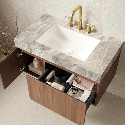 36" Floating Bathroom Vanity with Sink, Modern Plywood Storage Cabinet with Drawer and Door, Light Gray Sintered Stone Countertop and 3 Pre-drilled Faucet Holes Ceramic Basin, Pre-Assembled, Dark Oak