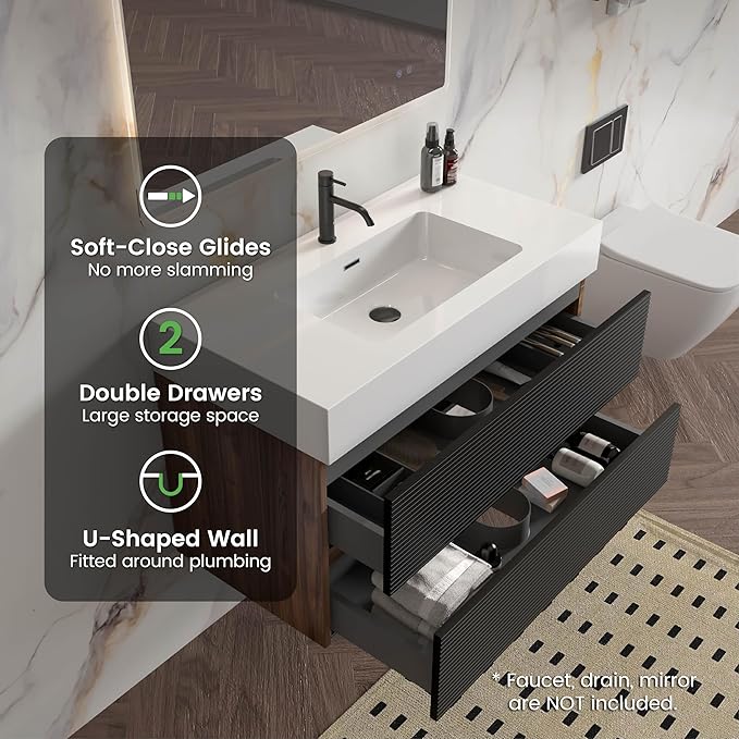 36 Inch Bathroom Vanity with Sink, Floating Bathroom Cabinet with 2 Soft-Closing Drawers, Large Storage for Small Bathroom, Apartment, Hotel, Walnut+Black, White Sink