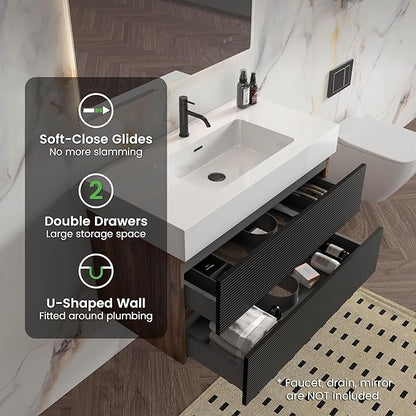 36 Inch Bathroom Vanity with Sink, Floating Bathroom Cabinet with 2 Soft-Closing Drawers, Large Storage for Small Bathroom, Apartment, Hotel, Walnut+Black, White Sink