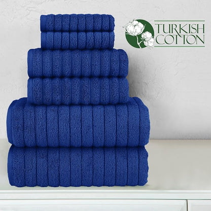 Elegant Comfort 100% Turkish Cotton Corduroy Ribbed Luxury Bath Towels 6-Piece Set, Premium Feel - Quick Dry, Highly Absorbent, Contains 2 Bath Towels, 2 Hand Towels, and 2 Washcloths, Royal Blue