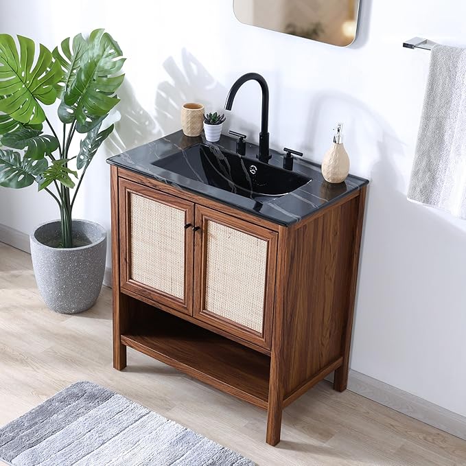 JONATHAN Y VAN1024B Jasper 30 in. W x 18 in. D x 33 in. H Rattan Modern Coastal 2-Shelf Bathroom Vanity Cabinet Only with Soft Closing Doors (Sink Basin Not Included), Walnut