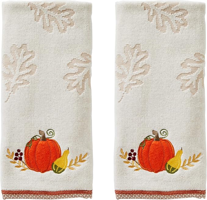 SKL Home by Saturday Knight Ltd. Traditional Pumpkin Hand Towel, Tan | 100% Cotton. Soft & absorbent leaf jacquard with embroidery. Great for the bathroom, kitchen or bar & holiday gifting.