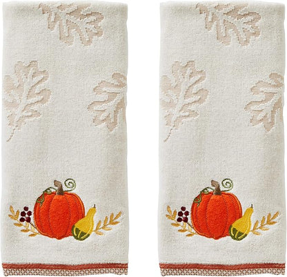 SKL Home by Saturday Knight Ltd. Traditional Pumpkin Hand Towel, Tan | 100% Cotton. Soft & absorbent leaf jacquard with embroidery. Great for the bathroom, kitchen or bar & holiday gifting.