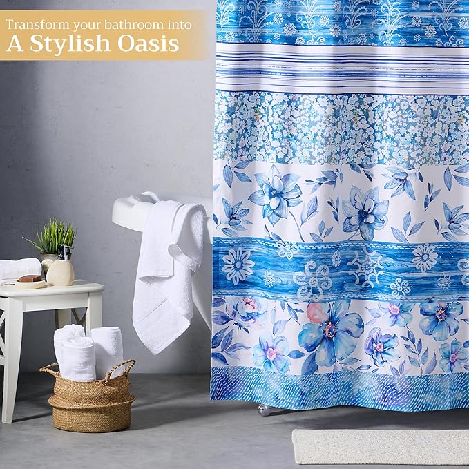 Maison d' Hermine Shower Curtain 100% Cotton One Panel 70"x72" Washable Fabric Shower Curtains for Bathroom, Easy Hanging with 12 Button Holes - Home Hotel Spa Easter Gifts (Summer Blues)
