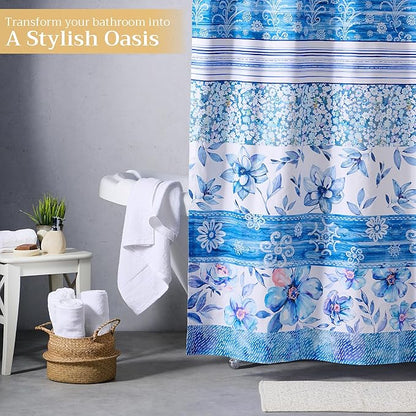 Maison d' Hermine Shower Curtain 100% Cotton One Panel 70"x72" Washable Fabric Shower Curtains for Bathroom, Easy Hanging with 12 Button Holes - Home Hotel Spa Easter Gifts (Summer Blues)