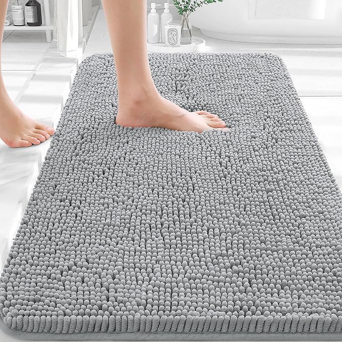 OLANLY Bathroom Rugs 36x24, Extra Soft Absorbent Chenille Bath Rugs | Light Grey, Quick-Drying Rubber Backing, Machine Washable Bath Mat for Bathroom Floor, Tub and Shower, Home Decor Accessories