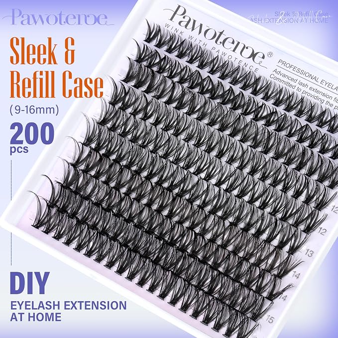 Lash Clusters 200pcs Individual Lashes 40D Cluster Eyelash Extensions 9-16mm Eyelash Clusters Lash Extensions for Self Application (40D, 0.07D, 9-16mm)