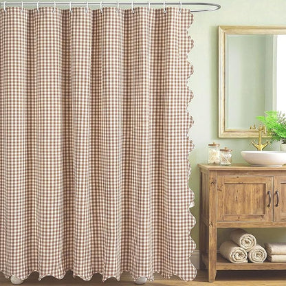 HunnmingRe Scalloped Gingham Shower Curtain Taupe | 72'' x 72'' Vintage Farmhouse Curtain, Cotton Cottage Core Rural Checkered Plaid Decor, Fall Shower Curtain for Bathroom