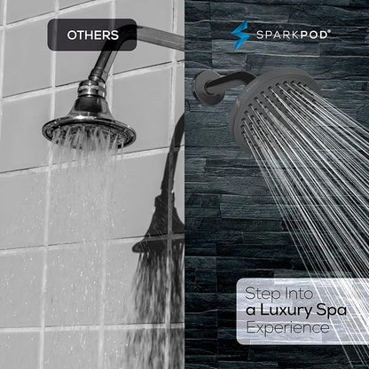 SparkPod 6" Rain Shower Head High Pressure w/ 6" Shower Arm, Charcoal Grey | High Pressure Shower Heads, 90 Nozzles, Adjustable Showerhead, No Tools Needed, Universal Connection, Gain Space & Style