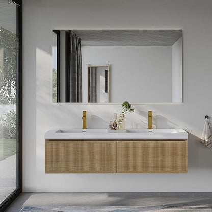 60'' Floating Bathroom Vanity with Sink Combo, Modern Wall-Mounted Striped Bathroom Storage Cabinet with Soft-Close Drawer and Double Glossy White Solid Surface Basins, Natural Oak