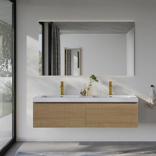 60'' Floating Bathroom Vanity with Sink Combo, Modern Wall-Mounted Striped Bathroom Storage Cabinet with Soft-Close Drawer and Double Glossy White Solid Surface Basins, Natural Oak