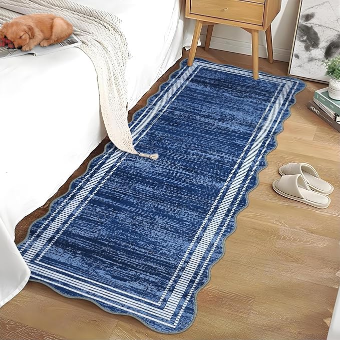 Garvee Washable Runner Rug 2x6 Solid Scalloped Kitchen Runner Navy Blue | Modern Long Runner Rug for Entryway Bedroom, Non Slip Low Pile Solid Runner Rugs for Entryway, Nursery Rugs Runner