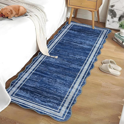 Garvee Washable Runner Rug 2x6 Solid Scalloped Kitchen Runner Navy Blue | Modern Long Runner Rug for Entryway Bedroom, Non Slip Low Pile Solid Runner Rugs for Entryway, Nursery Rugs Runner