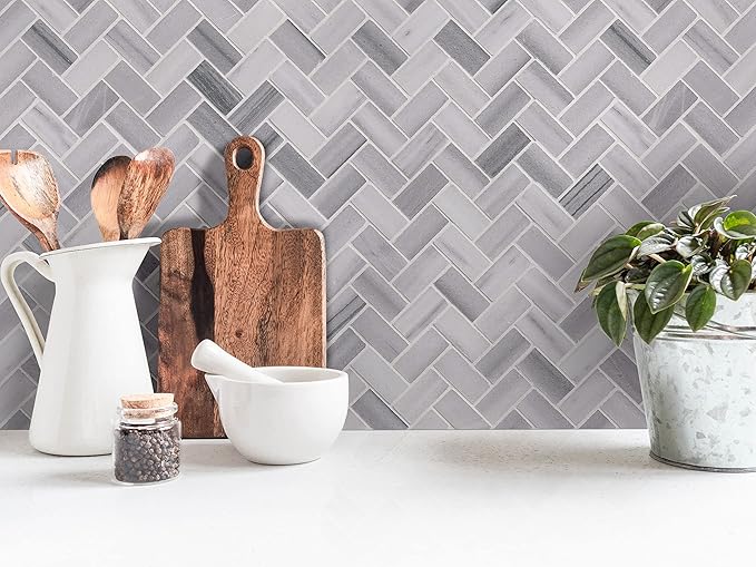 MSI Bergamo 12 in. x 12 in. Herringbone Polished Marble Mosaic Tile, Mesh-Mounted, for Kitchen Backsplash, Bathroom, Floor, Accent Wall, and Shower Wall, Gray