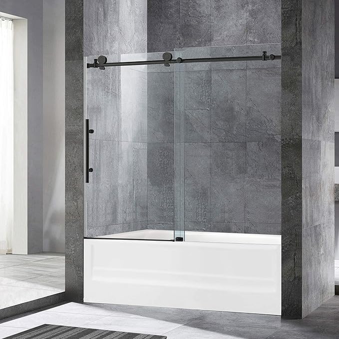 Woodbridge Frameless Bathtub Shower Doors 56-60" Width x 62" Height with 3/8"(10mm) Clear Tempered Glass in Matte Black Finish