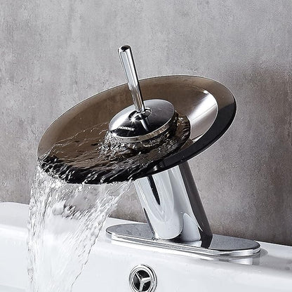 Waterfall Bathroom Sink Faucet Unique Brass Modern Circle Brown Glass Waterfall Faucet for Vanity Single Hole Pedestal Sink Faucets One Handle Corner Sink Bathroom Faucet, olished Chrome