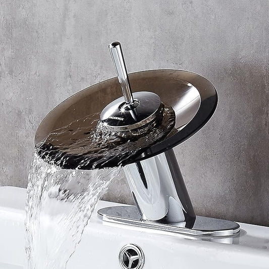 Waterfall Bathroom Sink Faucet Unique Brass Modern Circle Brown Glass Waterfall Faucet for Vanity Single Hole Pedestal Sink Faucets One Handle Corner Sink Bathroom Faucet, olished Chrome