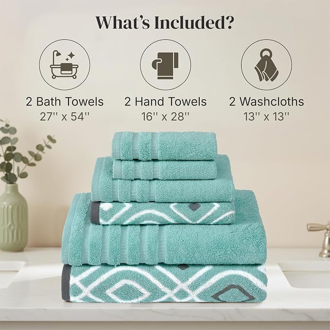 Modern Threads 6 Piece Bath Towel Set – Bathroom Set with 2 Bath Towels, 2 Hand Towels, and 2 Wash Cloths – 100% Cotton, Super Absorbent & Extra Soft – Reversible Classic Diamond (Aqua)
