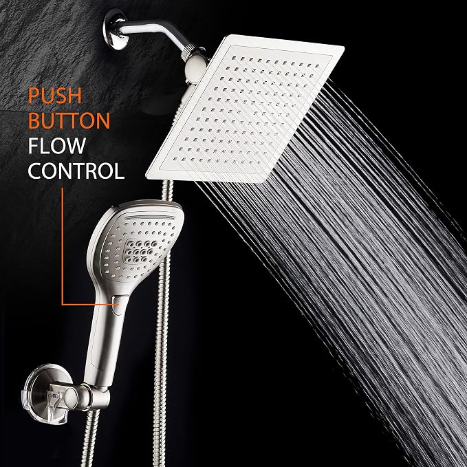 DreamSpa Ultra-Luxury 9-inch Square Rainfall & Handheld Shower Head Combo | Enjoy Extra-wide Flow Coverage and Convenient Push-button Hand Shower Mode Control. Premium Stainless Steel Hose / Nickel