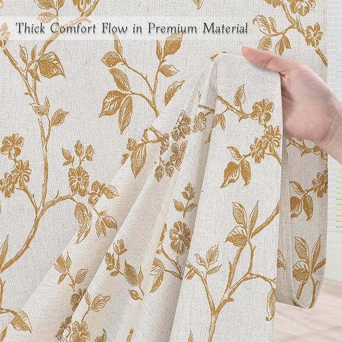 MitoVilla Yellow Linen Floral Shower Curtain for Bathroom, 72 x 72 | Yellow BoHo Cottagecore Spring Shower Curtains, Modern Farmhouse Country Plant Leaves Bathroom Décor, 72 x 72