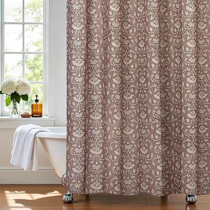 MUGINYU Camel Shower Curtain Vintage Floral Block Print - 72x72 Inches,Cotton Blend Cloth Fabric,Neutral Farmhouse Decorative French Country Bathroom Decor, Cottagecore Aesthetic Pattern