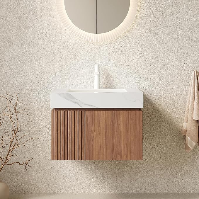 KEIKI 24 Inch Floating Bathroom Vanity with Sink, Brown Oak & White | Modern Wall Mounted Storage Cabinet with 2 Doors, Pre-assembled Wood Panels, Sintered Stone Top & Ceramic Basin Combo Set