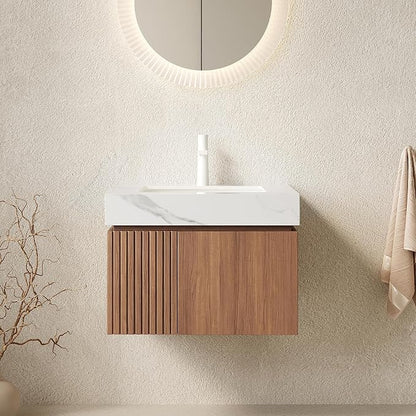 KEIKI 24 Inch Floating Bathroom Vanity with Sink, Brown Oak & White | Modern Wall Mounted Storage Cabinet with 2 Doors, Pre-assembled Wood Panels, Sintered Stone Top & Ceramic Basin Combo Set