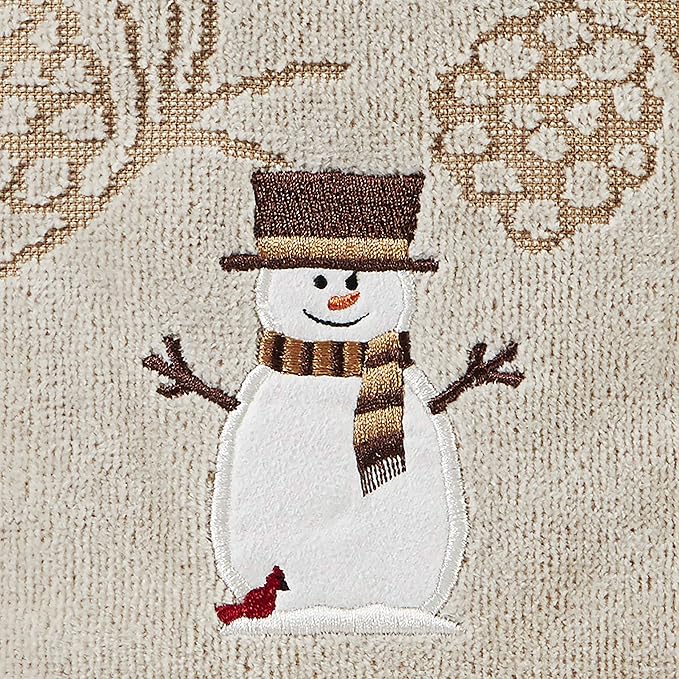 SKL Home Woodcut Snowman Hand Towel | 100% Cotton. Soft & absorbent pinecone jacquard with embroidery. Great for the bathroom, kitchen or bar & holiday gifting.